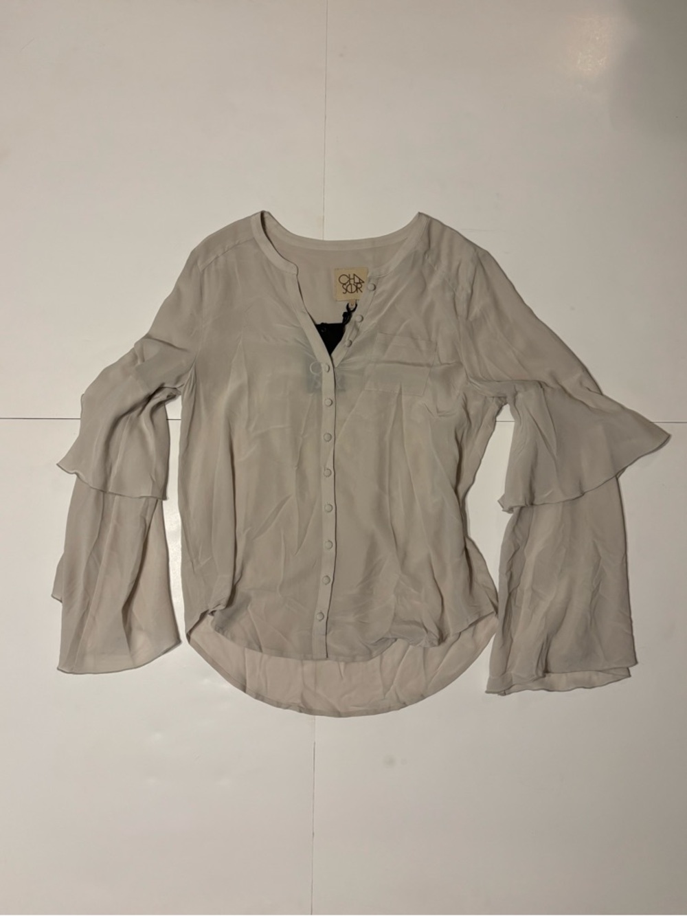 Chaser Taupe Ruffle Bell-Sleeve Button Front Blouse